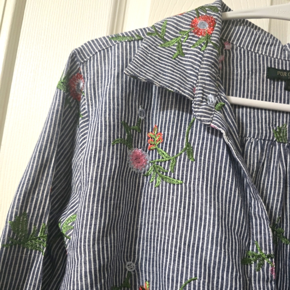 For Cynthia Linen & Cotton Striped Floral Embroidered Popover Tunic, Sz 2X, EUC! - Picture 3 of 14